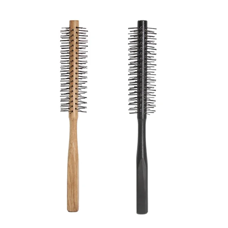 Mini Round Nylon Hairbrush Curly Hair Styling Comb Rolling Comb Round Brush for Thin or Short Hair Men with Wooden Handle