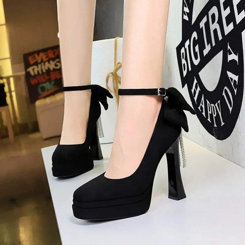 2026 New Hot Sale French Style Black Round Toe Platform Super High Heel Bow Rhinestone Party Pumps Women Shoes