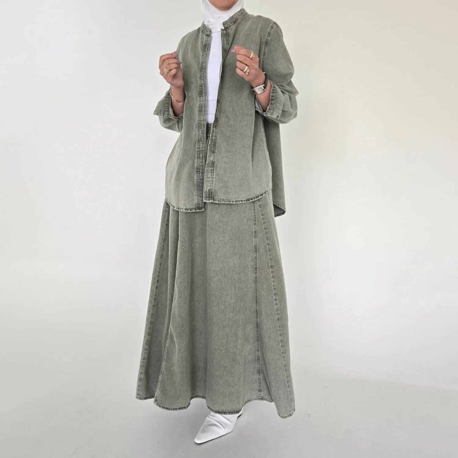 

KWTX Women's Vintage Green Denim 2 Piece Set Button Down Shirt and Flare Skirt Elegant Luxury Designer Spring Summer 2025