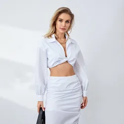 WPNAKS Kobiety Seksowne Eleganckie 2-częściowe zestawy spódnic Wiosna Jesień Odzież Jednolity kolor Długi rękaw Crop Shirt z rozcięciem na udo Długa spódnica