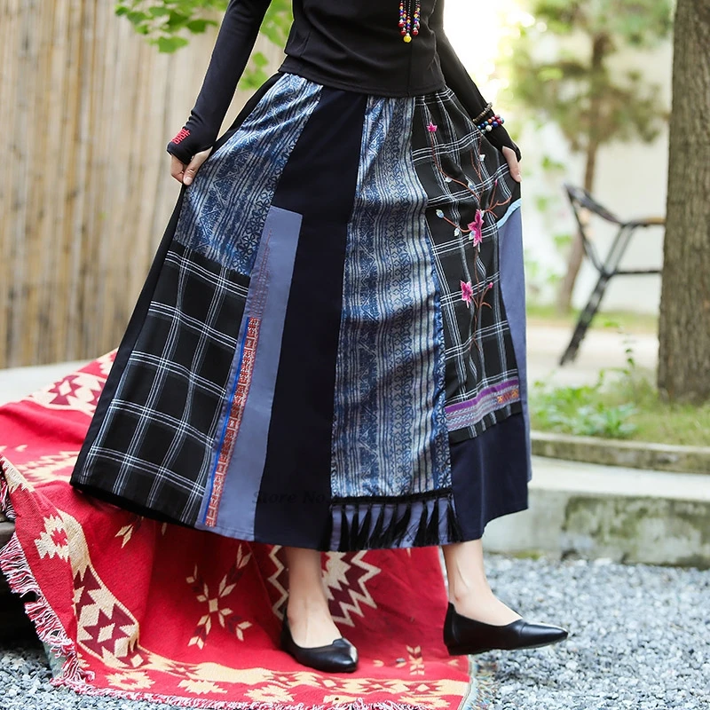 

2025 traditional chinese vintage skirt national flower embroidered patchwork folk skirt oriental elastic waist a-line skirt