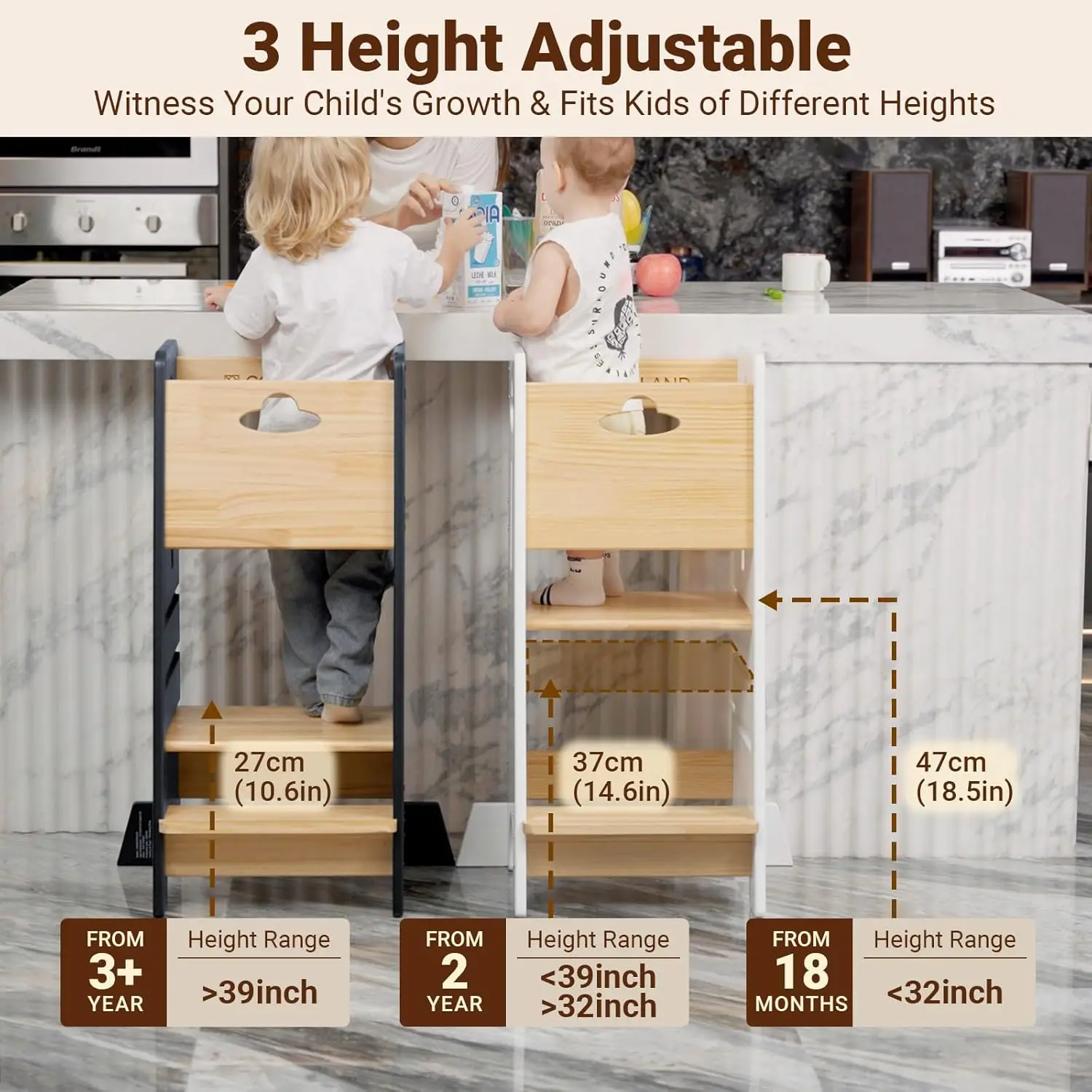 Standing Tower Adjustable Height - Super Stable Toddler Kitchen Stool Helper - 3 Levels Adjustable Wooden Toddler Kitchen Stool