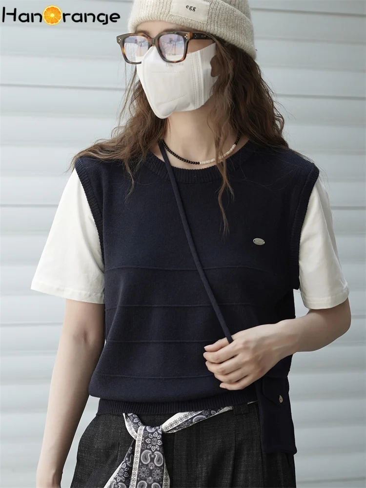 

HanOrange 2025 г., осенний возрастной вязаный ложный комплект из двух предметов Academy, женский топ с короткими рукавами, серый/темно-синий
