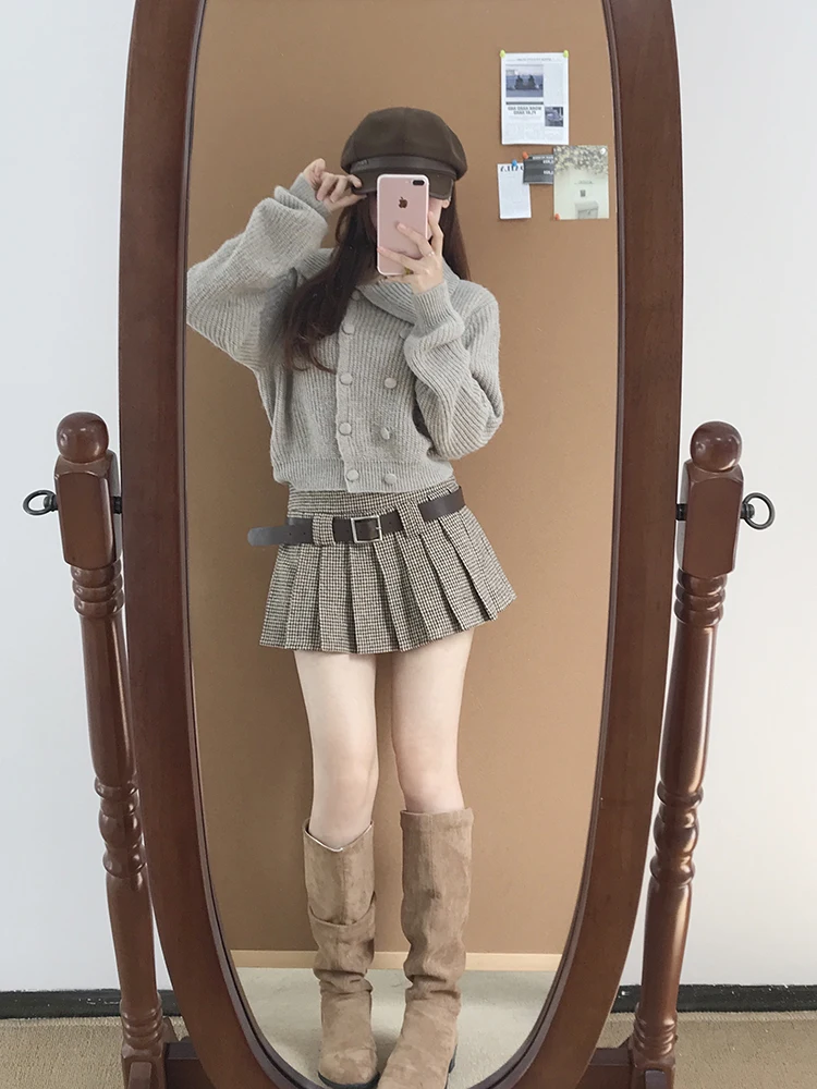 Cardigan tricoté rétro coréen pour femme, pull ouvert, taille haute, Slim, jupe plissée, ensemble Faion, nouvelle collection automne 2025