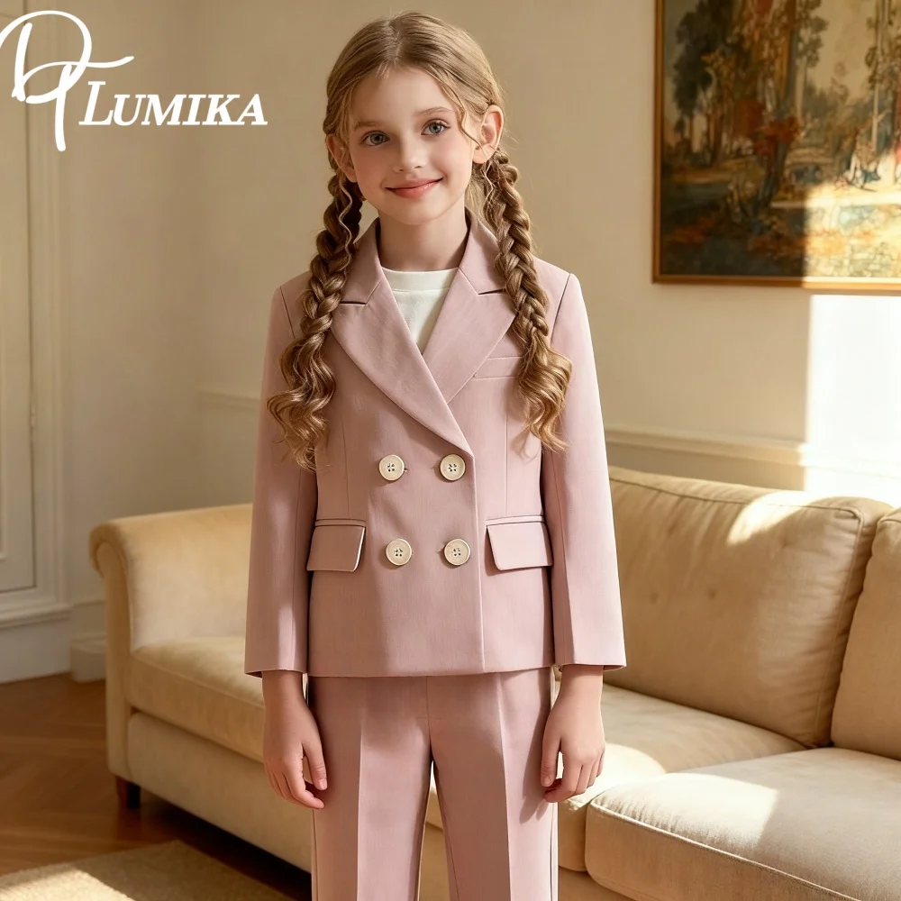 

Изысканный розовый изысканный двубортный костюм для девочек, элегантный пиджак, брюки, свадебная официальная одежда для выступлений для детей