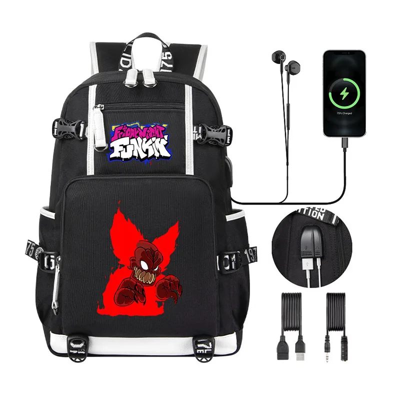 Crianças Mochila Sexta-feira Noite Funkin Cartoon Boy Girl School Bag Book Bag Grande Capacidade USB Mulher Homens Laptop Shoulder Bag