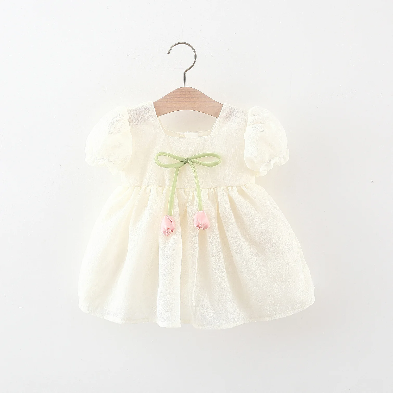 Girl\'s Dress Summer Baby Girl Decorative Strap Bow Tulip Solid Lace Square Neck Bubble Sleeves Princess Dress