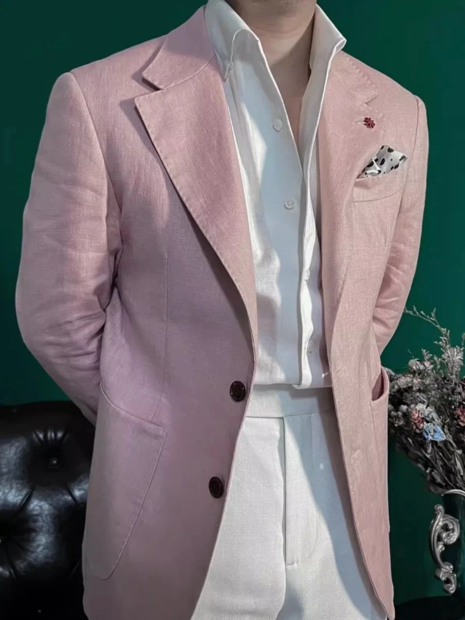 

2024 Spring Fashion Slim Fit Men's Light Linen Casual High-End Suit Pink Half Breathable Milan Eye Button Decorated