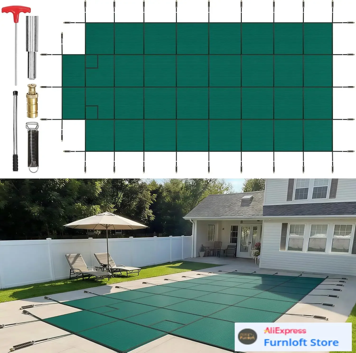 Inground Pool Safety Cover 20x40 ft Rectangle with 4x8ft Center End Step, Winter Pool Covers Green Mesh, Triple Stitched