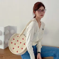 Shoulder Bags for Women New Fashionable Embroidered Cherry Woven Bag CircularTote Leisure Shopping Beach Bag Purses and Handbags