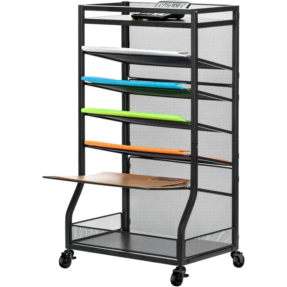 

7-Tier Rolling File Cart with Sliding Trays, Wood Metal Desk Organizer for Home Office School
