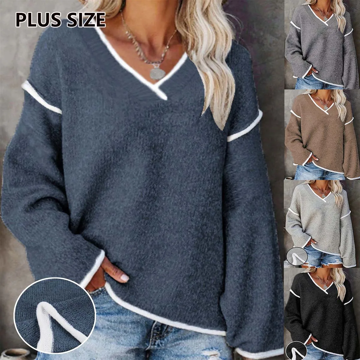 

2025 Autumn and Winter V-neck Contrasting Color Edge Loose Casual Large Size Women's Clothing Lazy Style Knitted Top