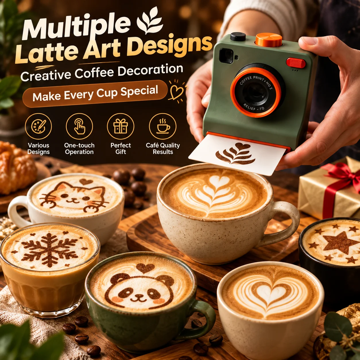 2026 NewFunny 3D Printed Latte Camera Replaceable Cards One Touch Press DIY Latte Art Camera Tool Vintage Look Included Stencils