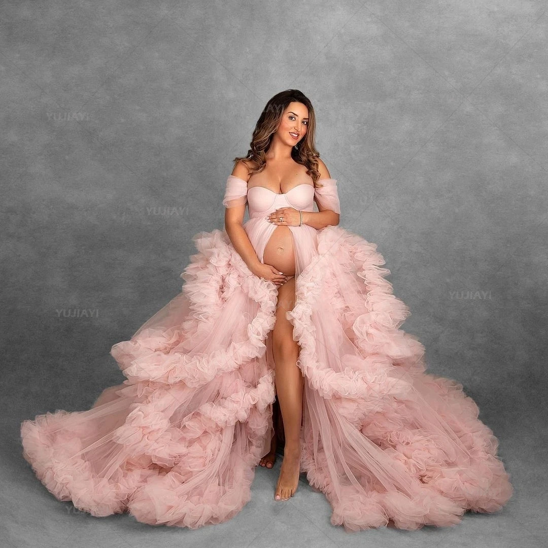 Vestidos de maternidad con volantes escalonados para sesión de fotos, una línea, hombros descubiertos, batas de mujer embarazada, ropa de dormir nupcial con abertura frontal para Baby Shower