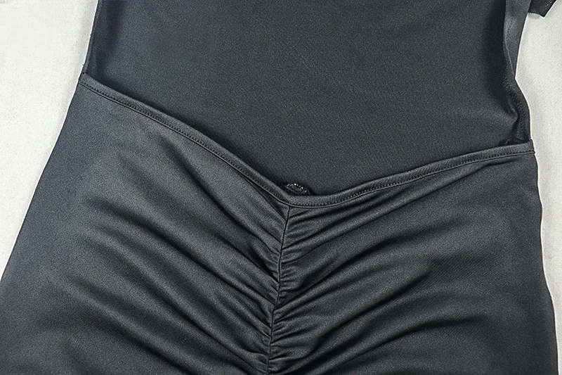 Women Sexy Black See Through Mesh Patchwork Ruched Split Bodycon Maxi Dress Turtleneck Full Sleeve Backless Slim Party Long Robe