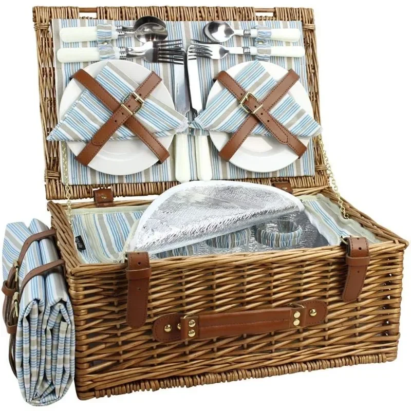 Wicker Picnic Basket Set for 4 Persons | Large Willow Hamper with Large Insulated Cooler Compartment,