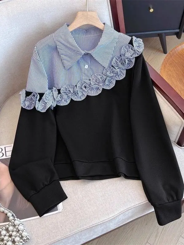 Striped irt oulder Patchwork Women's Sweatirt Spring 2026 New Sle Loose Fit Long Sve ort Length  Collar