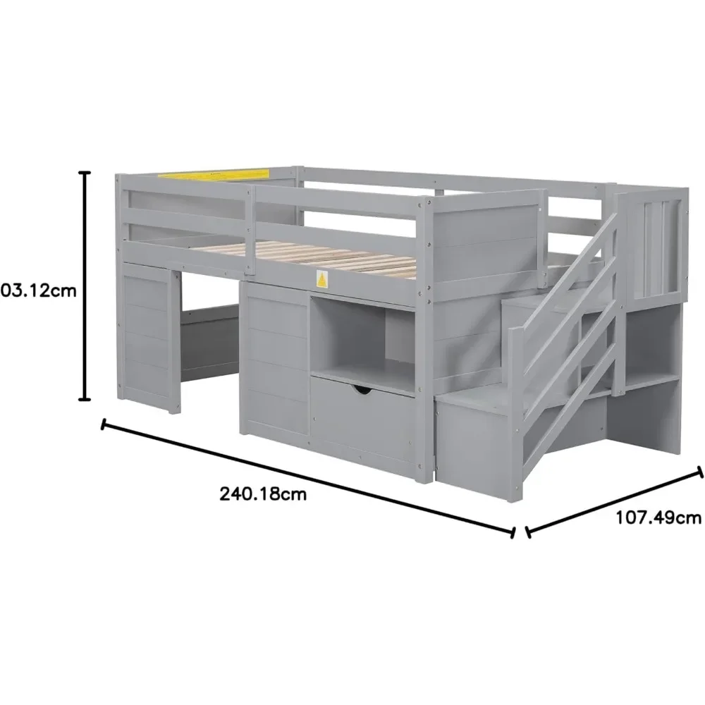 Cama alta baixa de tamanho duplo com casinha de brincar, gaveta, prateleira, escadas e guarda-corpo de segurança, carrinhos para meninas ou meninos, estrutura de cama loft