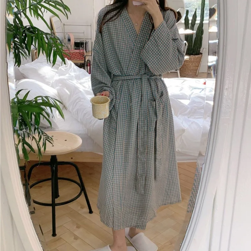 Plaid Robes Women Spring Simple Loose Homewear All-match Ins Korean Fashion Mid-calf Pockets Vintage Comfort Bathrobe College