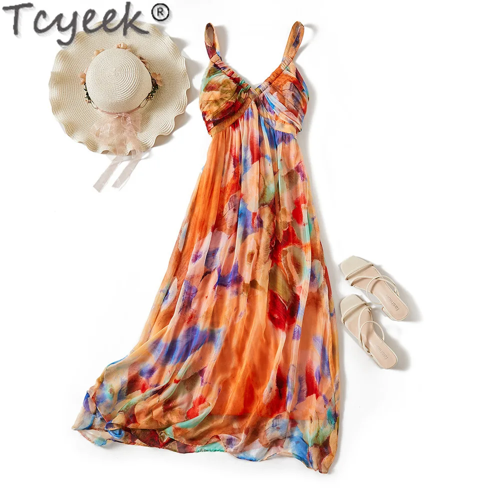 

Tcyeek Summer Dress Women Sleeveless 2024 Elegant Dresses for Women Real Milberry Silk Dress Print Sling Dress Vestidos Mujer