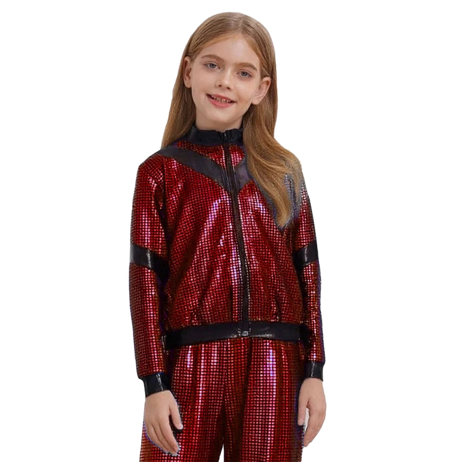 

Kids Boys Girls Hip-Hop Jazz Dance Costume Fashion Metallic Plaid Color Block Long Sleeve Front Zipper Jacket Coat Streetwear