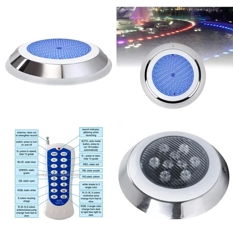 DAVEY Waterproof IP68 RGB LED Pool Lamp PC Translucent Stainless Steel Construction 18W Outdoor Underwater Light for Pool