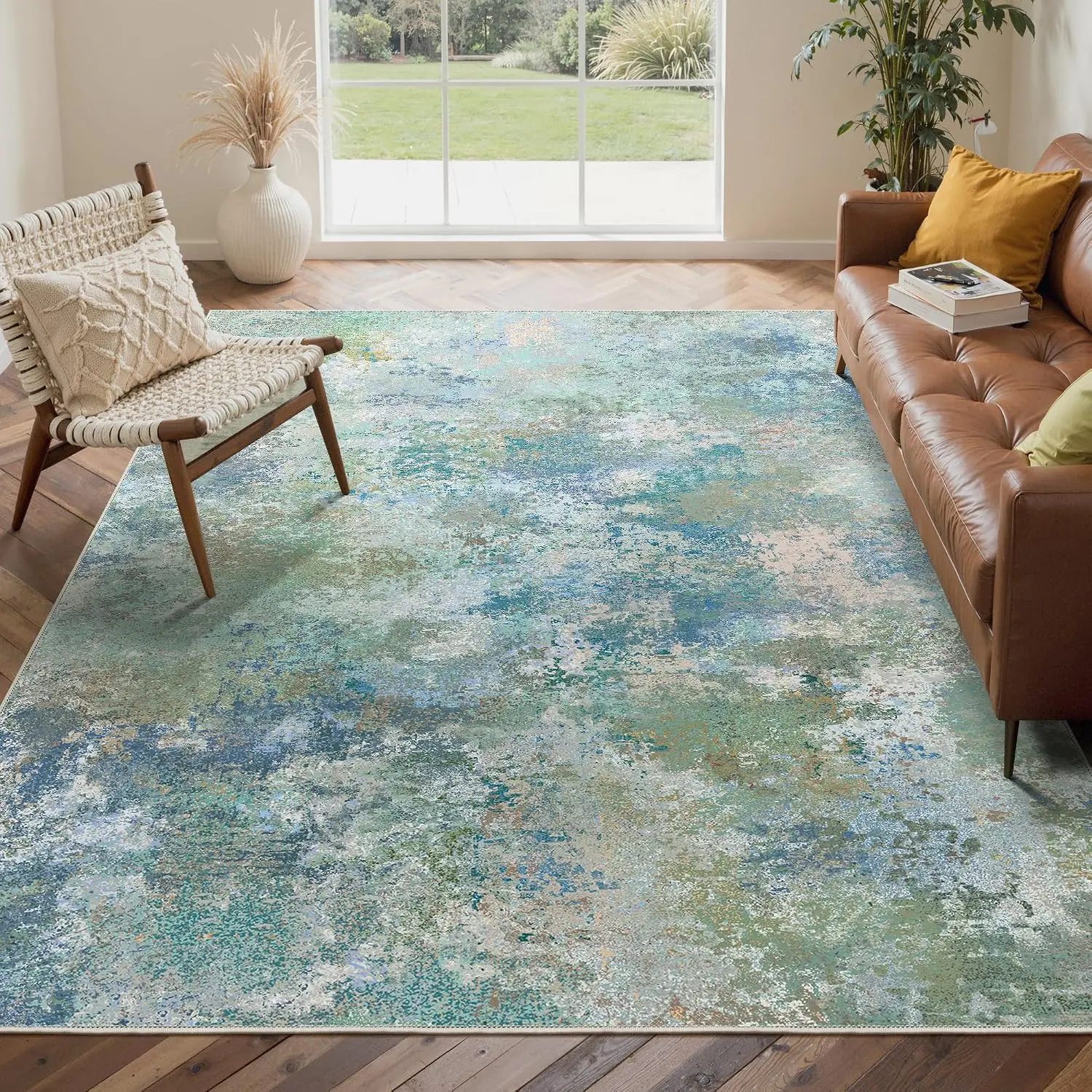 Modern Abstract Area Rug Blue Green Artistic Geometric Pattern Low Pile Floor Covering for Living Room Bedroom Dining Room