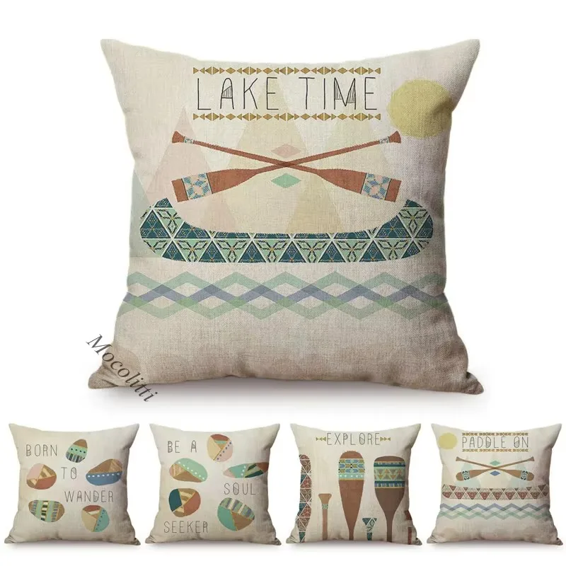 Nordic Pastel Painting Navigation Boat Paddle Sofa Decoration Throw Pillow Case Letter Geometric Cotton Linen Bed Cushion Cover