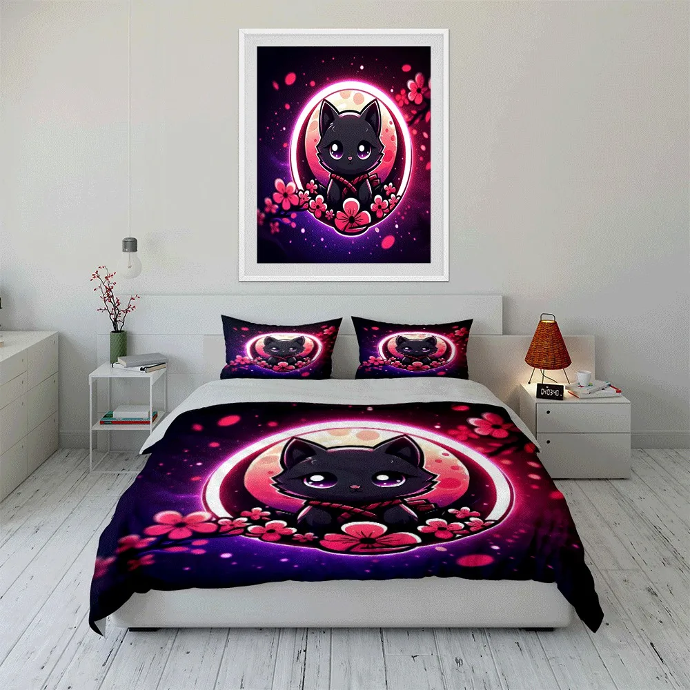 

Cute Moonlit Cat Decoration Set Exquisite three-piece bedding set gift for kids and adults