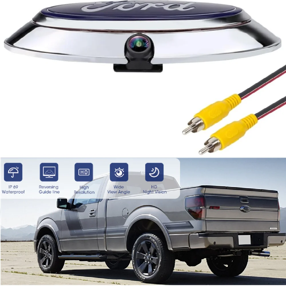 Bezel Emblem with Back up Camera for Ford F150 F250 F350 (2004-2016), HD 700TVL Night Vision, RCA Input Reverse Camera