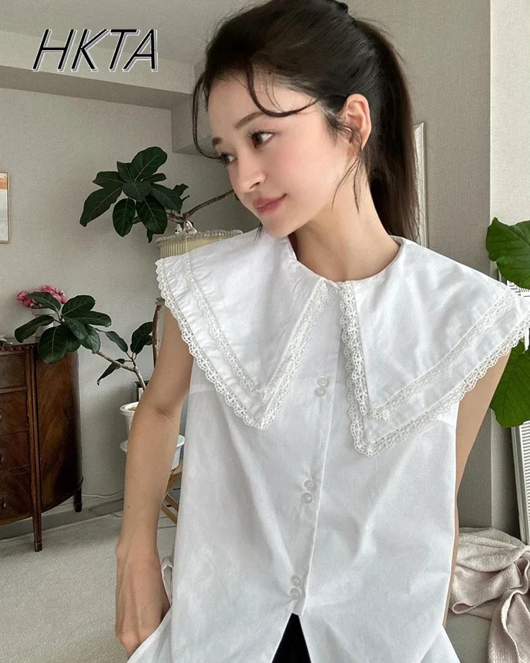 Japanese Double-layer Lapel Lace Splicing Sweet Sleeveless Vest Shirt Women Loose College Style Girl Top White Blouse Doll Shirt