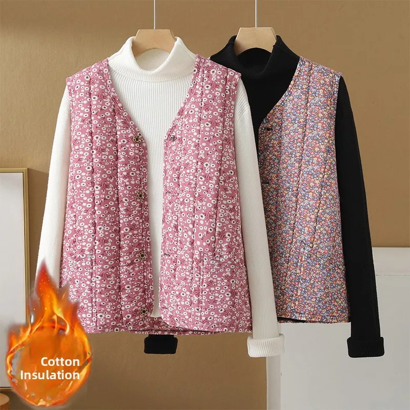 

Теплый жилет с флисовой подкладкой и винтажным цветочным принтом, универсальная верхняя одежда из полиэфирного волокна, женский модный осенне-зимний топ