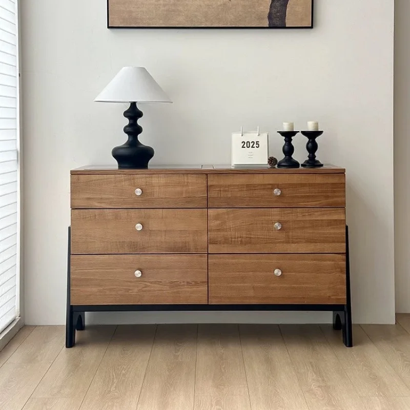 

Simple retro solid wood oak six-chest cabinet 3-layer oak striped glass cabinet with drawers