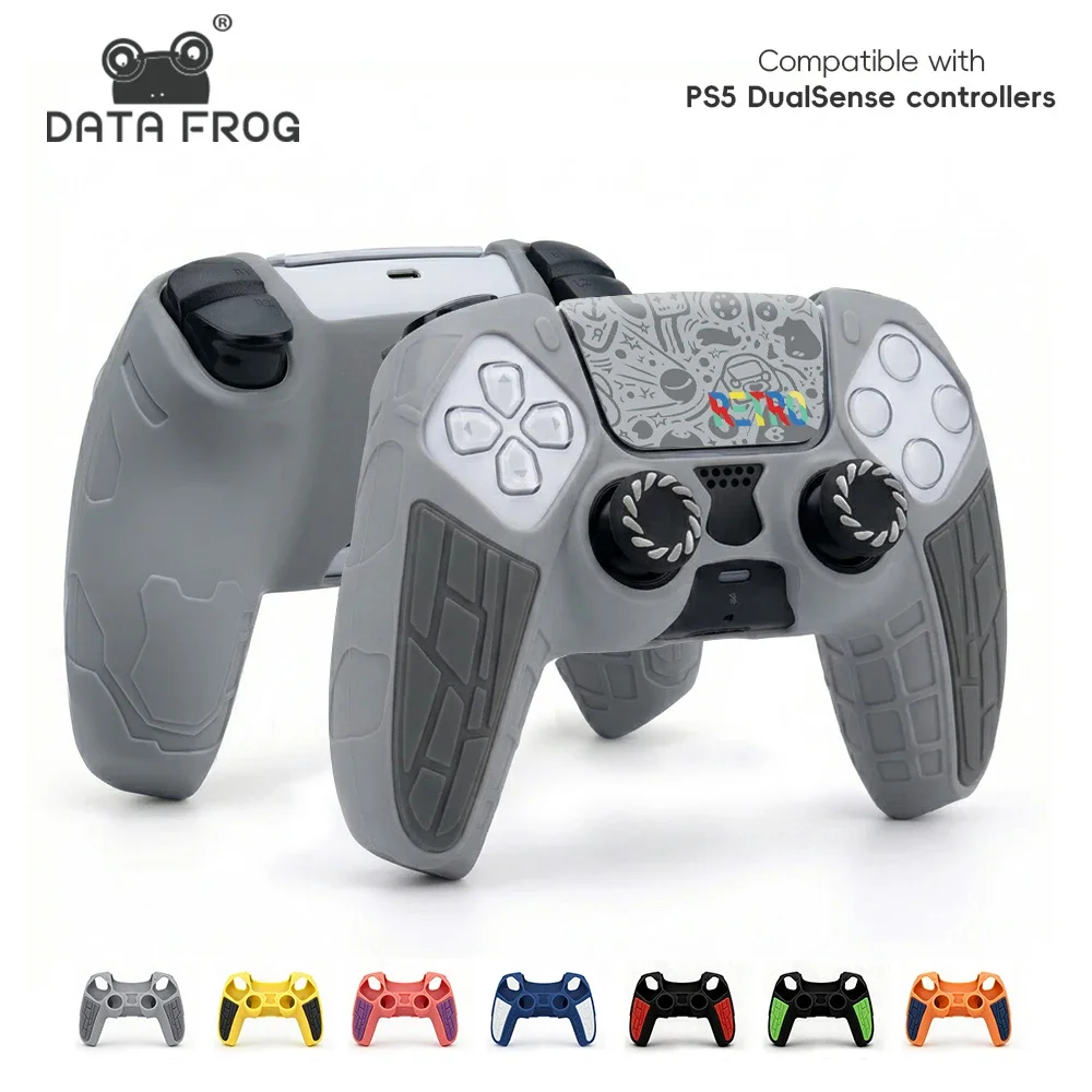 Data Frog Compatible con PS5 Dualsense, funda de silicona, protector de piel gris clásico retro con tapas para los pulgares, accesorios para juegos