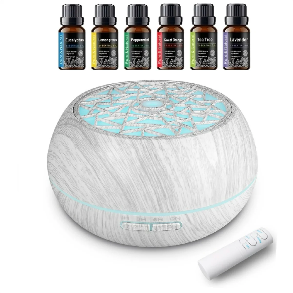 

Remote Control Wood Grain Essential Oil Diffuser - 550ml, 7 LED Colors, 6 Oils Included