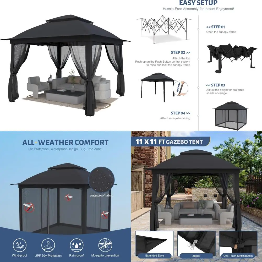 11'X11' أكشاك منبثقة مع 4 جدران جانبية ناموسية، خيمة مظلة فناء شديدة التحمل مع أسطح هوائية مزدوجة للساحات الخلفية #1