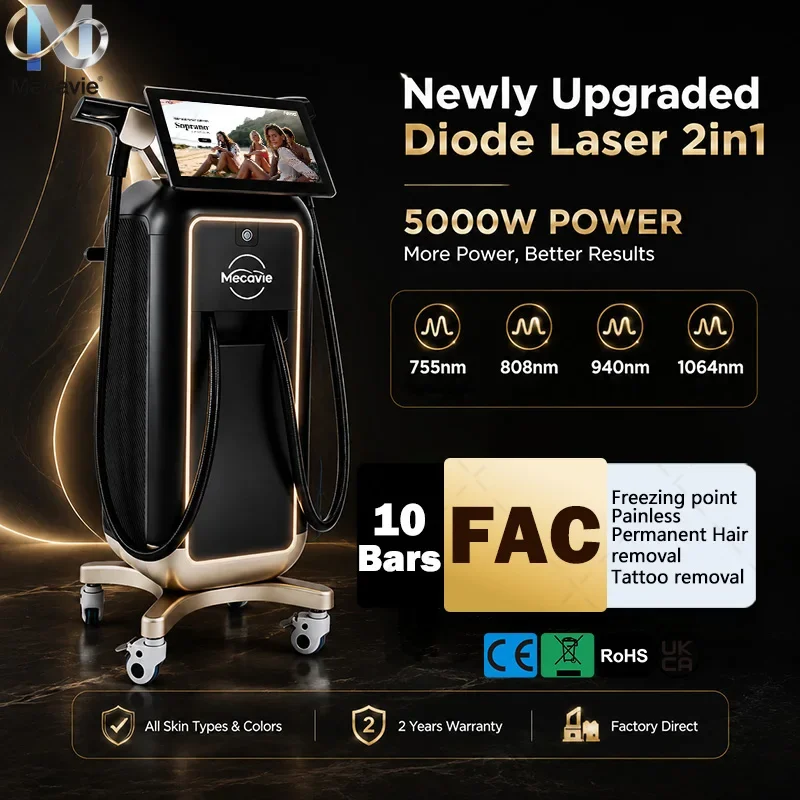 Upgraded 5000W 2-in-1 Diode&Pico Laser 4 Wavelengths (755/808/940/1064nm)Ice Hair Removal Tattoo Pigment Spot Removal CE