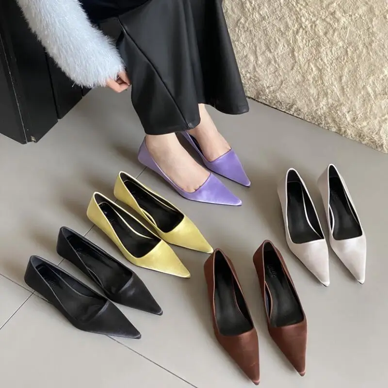 

New Spring Fashion Satin Women's Pumps Mid Heels Shoes Female Thin High Heels Ladies Shallow Single Shoes Mujer Zapatillas