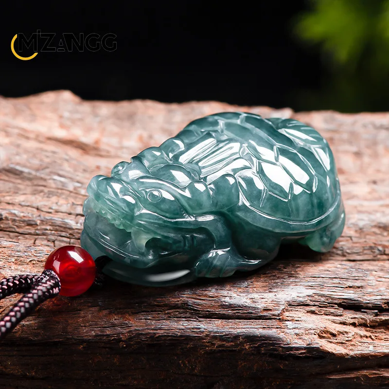 Natural Jadeite Blue Water Dragon Turtle Pendant Hand-carved Exquisite Luxury Glutinous Jade Necklace Men and Women Holiday Gift