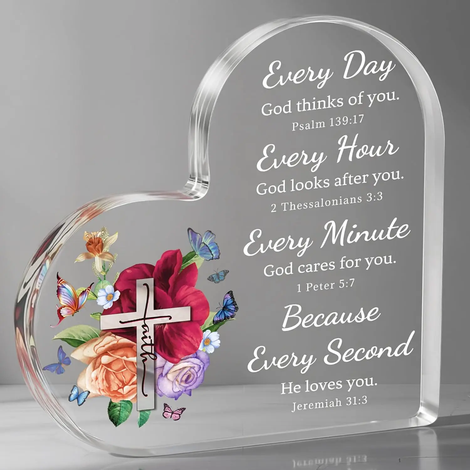 Faith Cross With Mixed Spring Flower Heart‑Shaped Acrylic Sign, Inspirational Scripture Colorful Butterfly Religious Desktop Ornament