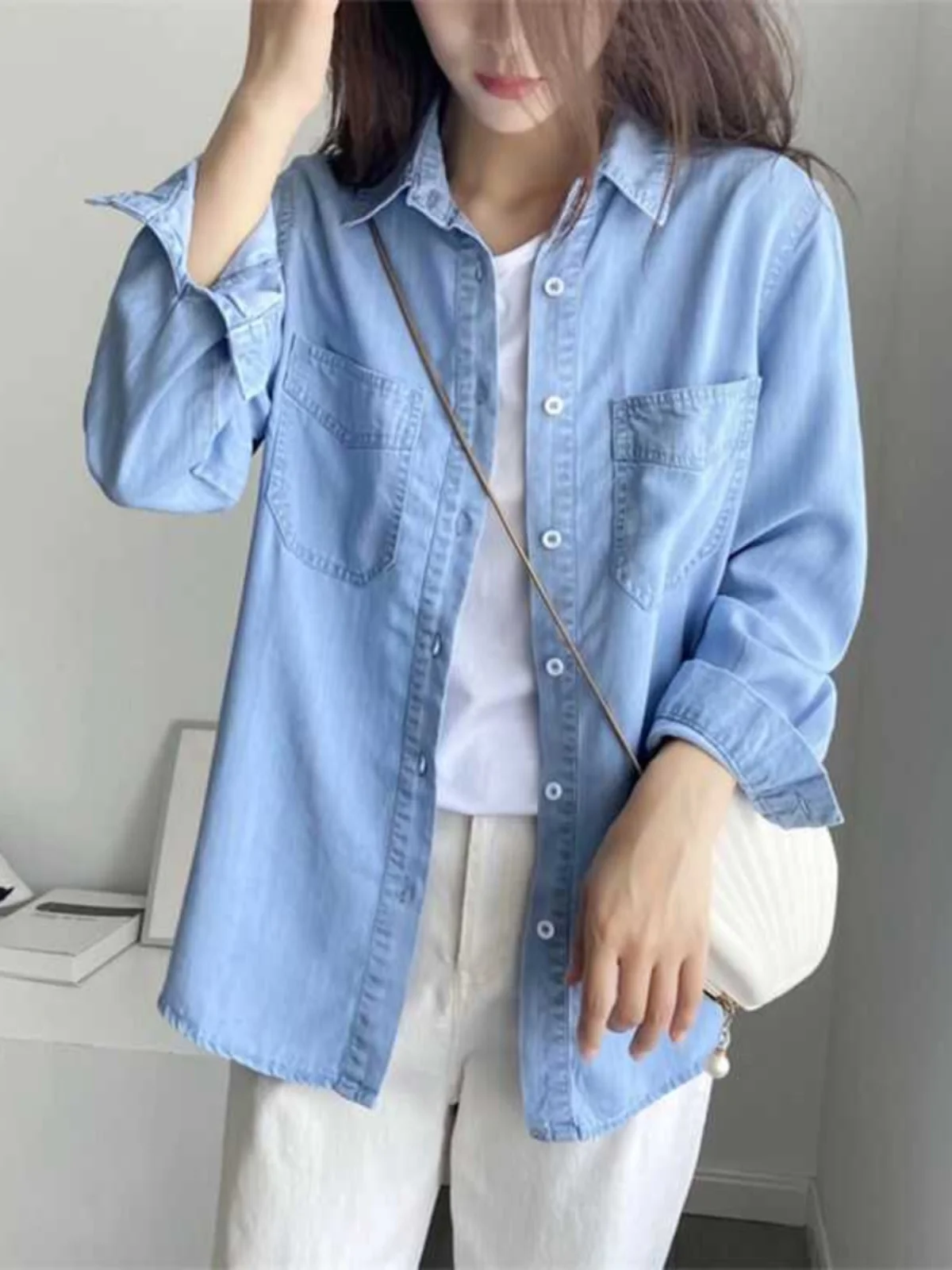 

Свободная женская джинсовая длинная све irt, повседневная многослойная тонкая верхняя одежда, весенне-осенний новый утягивающий топ в Корейском стиле