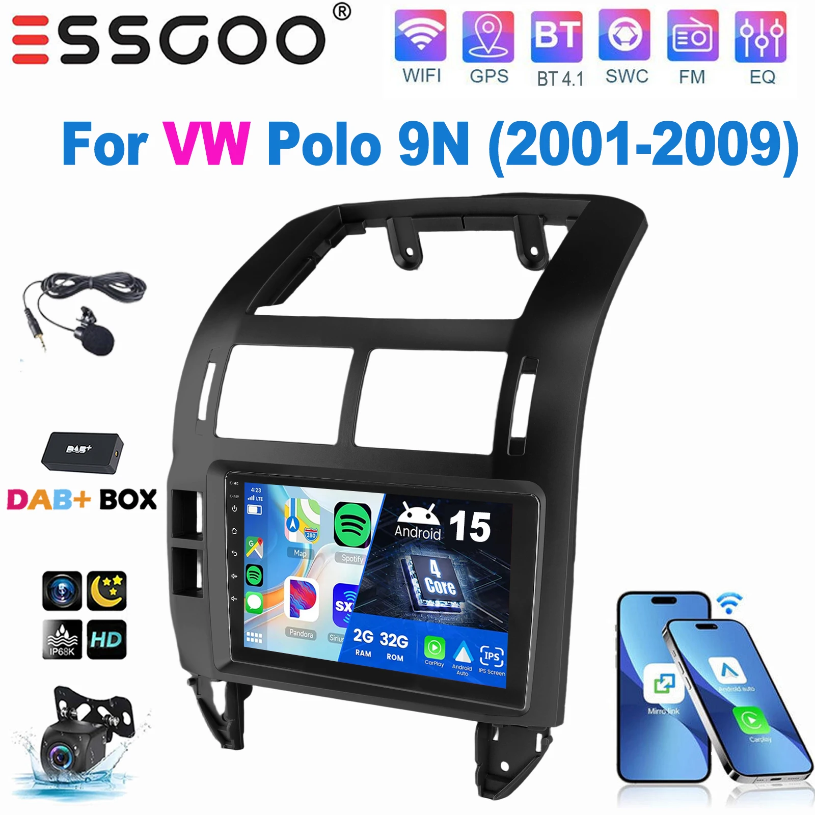 ESSGOO 9 Inch IPS Touchscreen Voor VW Polo 9N 2001-2009 Autoradio Apple Carplay Android Auto GPS Navigatie WIFI FM Stuurwielbediening RDS Android 15 Mirror Link Bluetooth ASP Geluid Split Screen - afbeelding 1