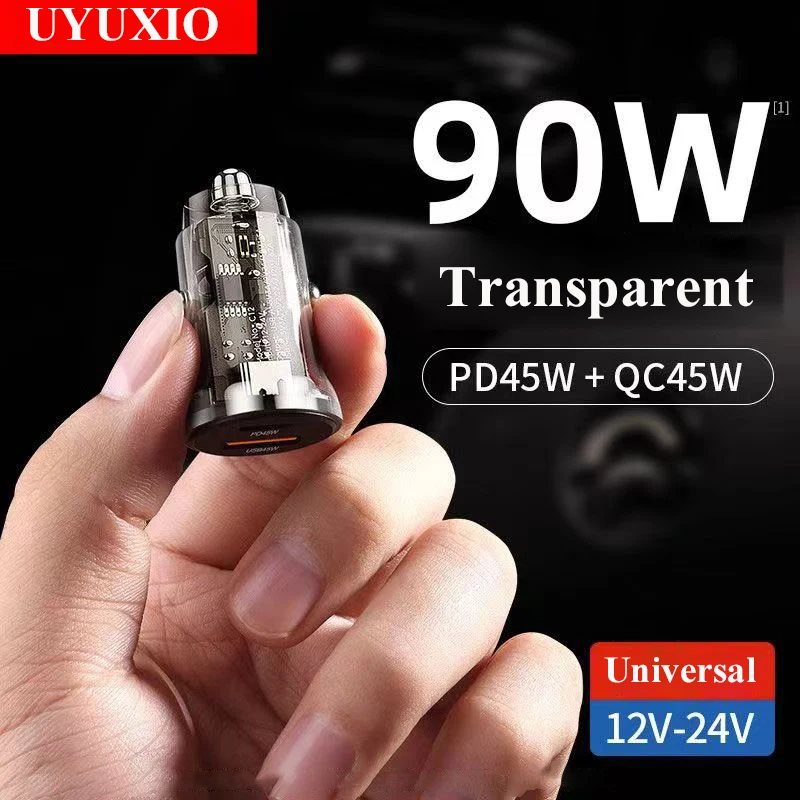 UYUXIO 2 in 1 Transparent USB C Car Phone Charger Adapter PD 90W Super Fast Charging in Car for iPhone 16 Samsung Android Phone