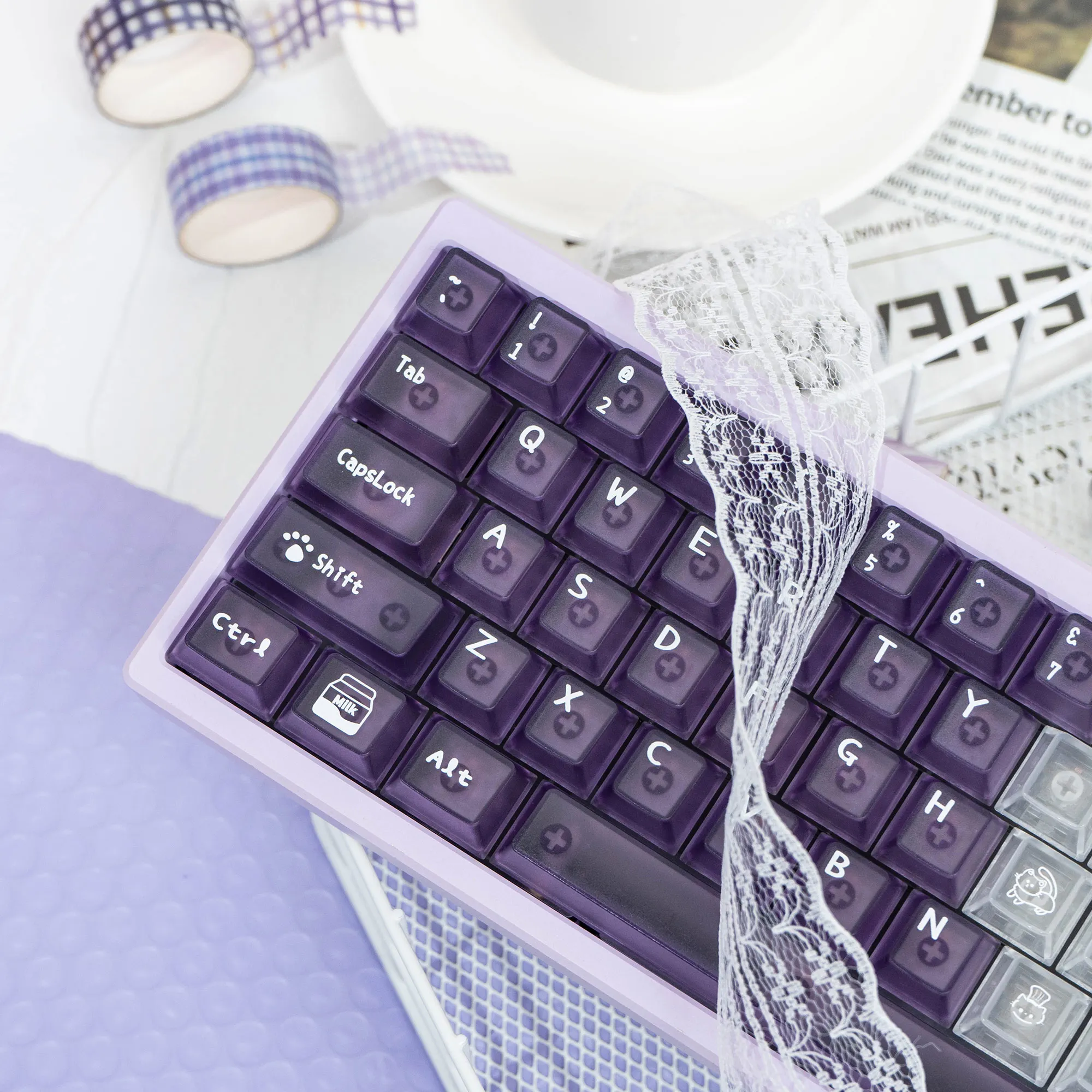 136 keys Purple Crystal Clear Keycap Cherry Profile Transparent Keycaps Cute Kitty Cat Key Cap For MX Cherry Mechanical Keyboard