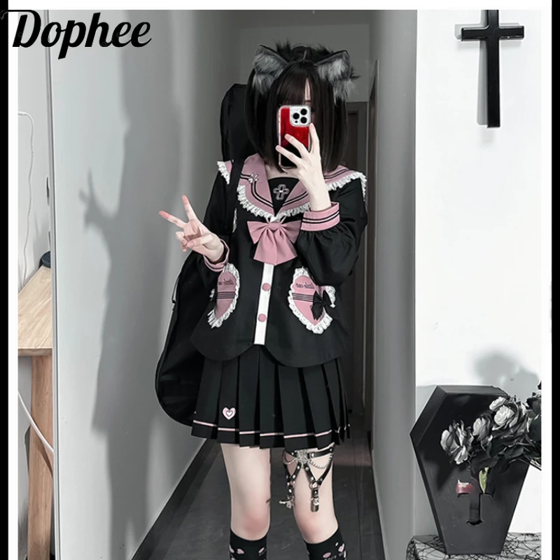 Dophee Original Sweet JK Uniform Set Spring Summer Long Sleeve Sailor School Shirt Cardigans Coat + Short A-line Pleated Skirt