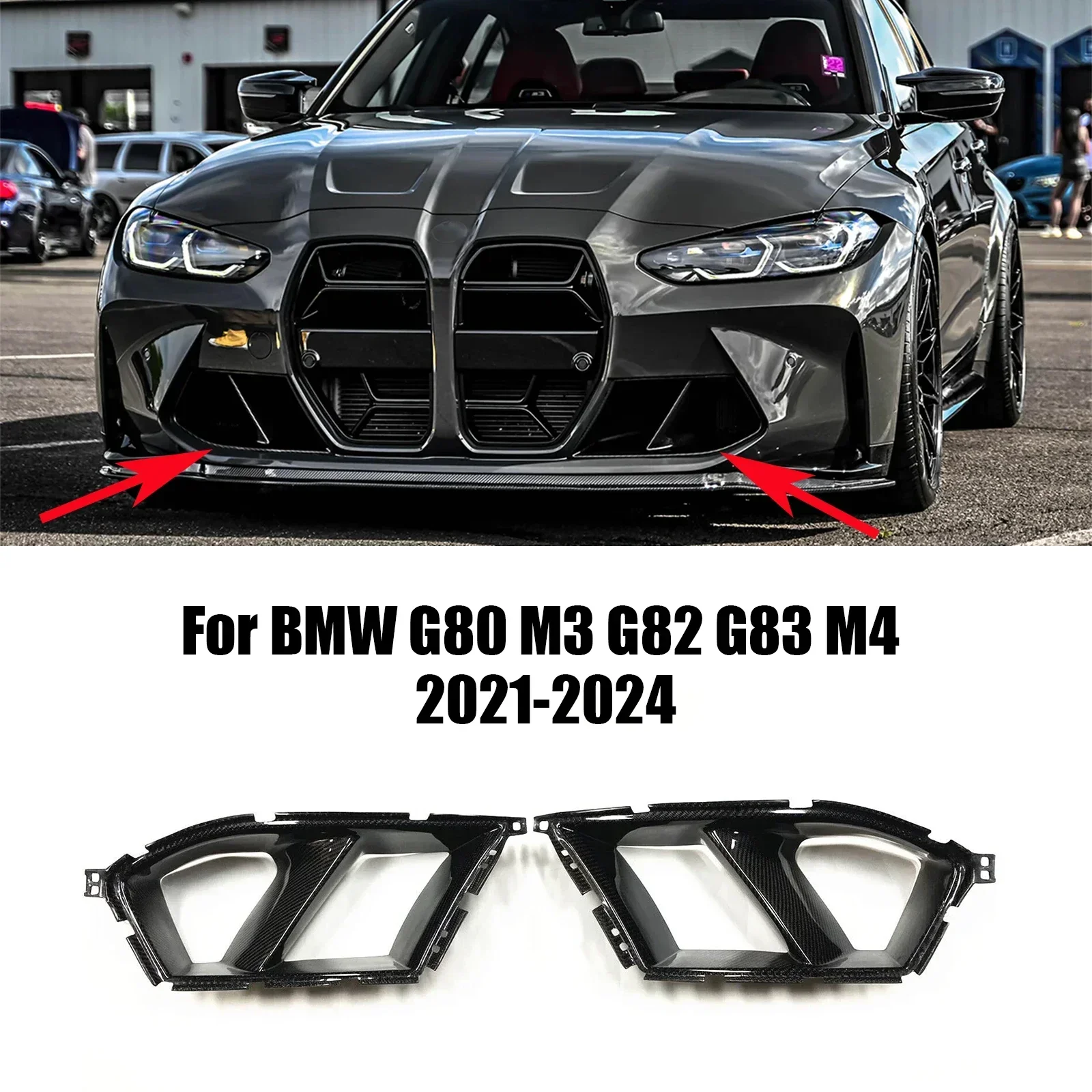 Car Front Bumper Side Air Vent Cover For BMW G80 M3 G82 G83 M4 2021-2024 Fog Light Cover Carbon Fiber Look Glossy Black A Pair