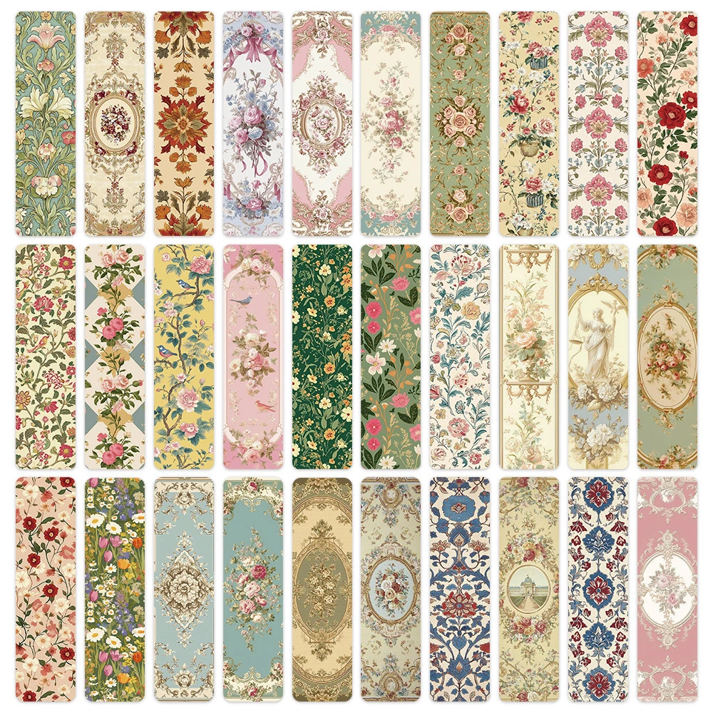 30PCS Vintage French Flower Bookmark European Court Rose Vine Bookmarks Pages Book Mark Cartoon Printing Annotated Notebook Clip