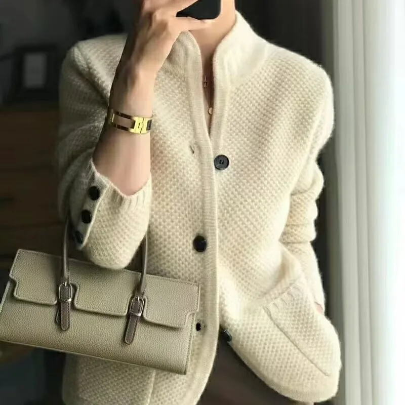 

Autumn and Winter Women's Solid Round Neck Long Sleeve Single Breasted Slim Knitted Cardigan Fashion Casual Formal Commuter Tops