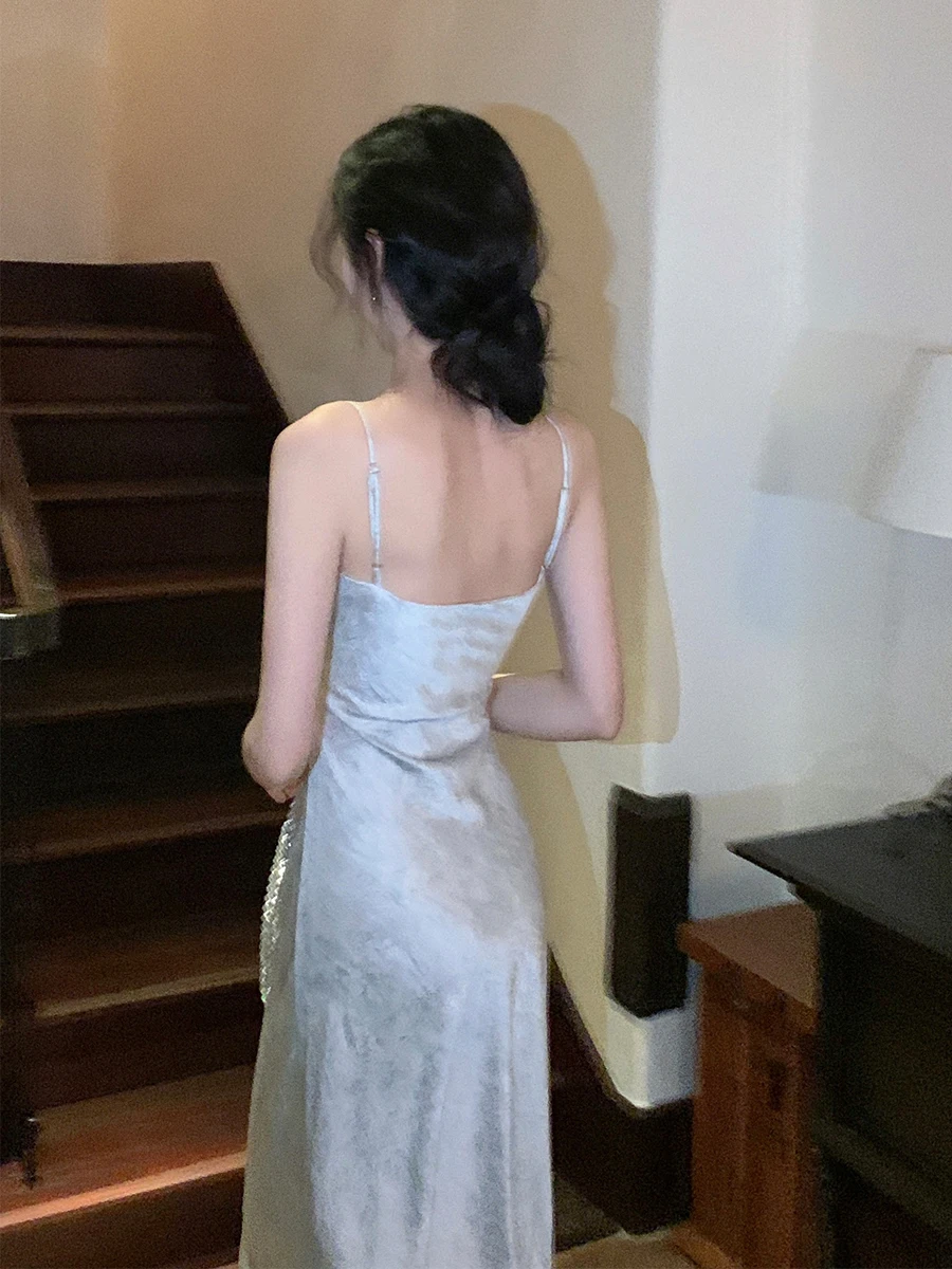 Shiny U-Neck Strapless Slim Fit Long Dress for Women Square Collar Texture Sensual Bodycon High Waist A-Line Summer Dress