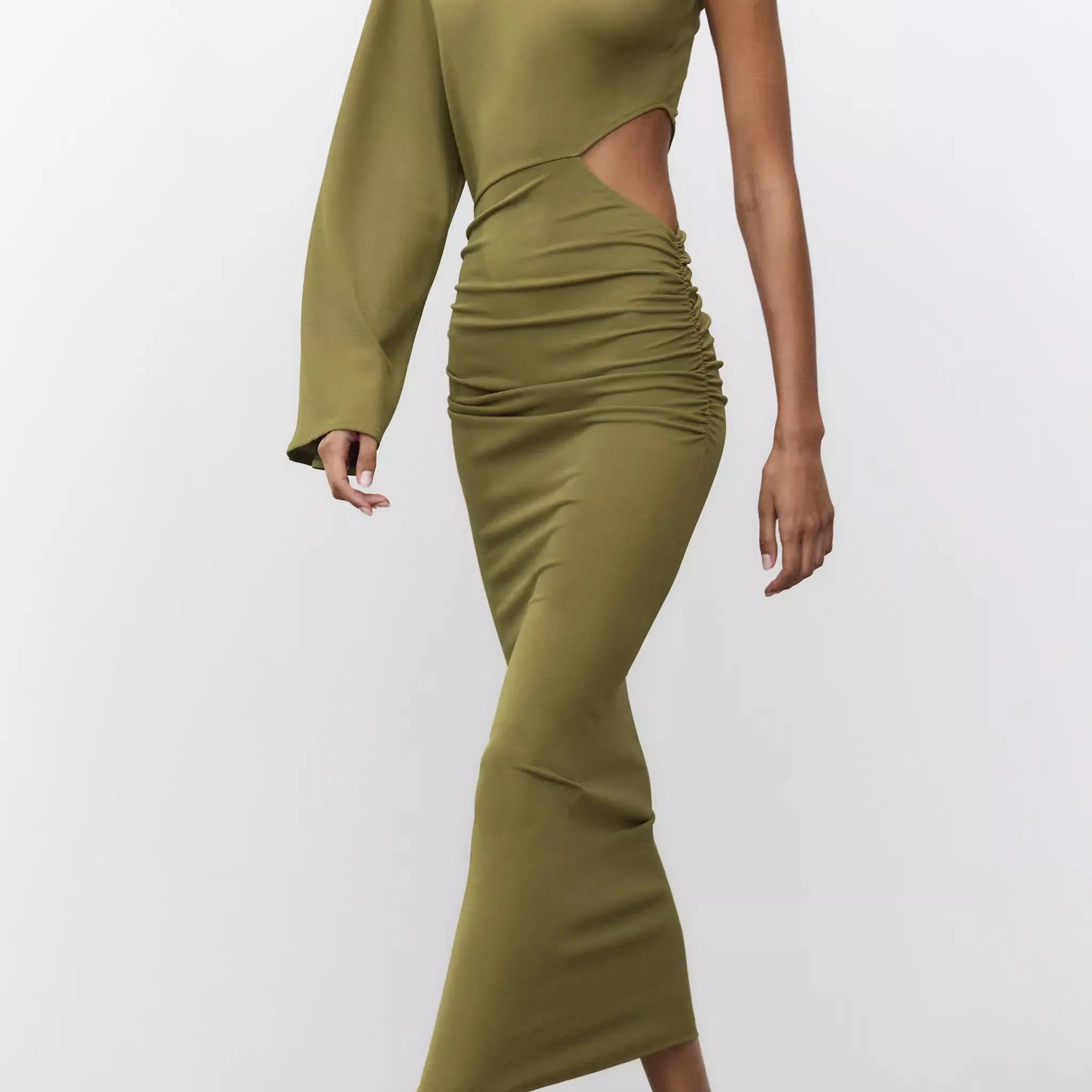 فستان نسائي أنيق برقبة مستديرة وتصميم مفرغ، موضة جديدة لصيف 2025، فستان طويل الأكمام وخصر مرتفع.